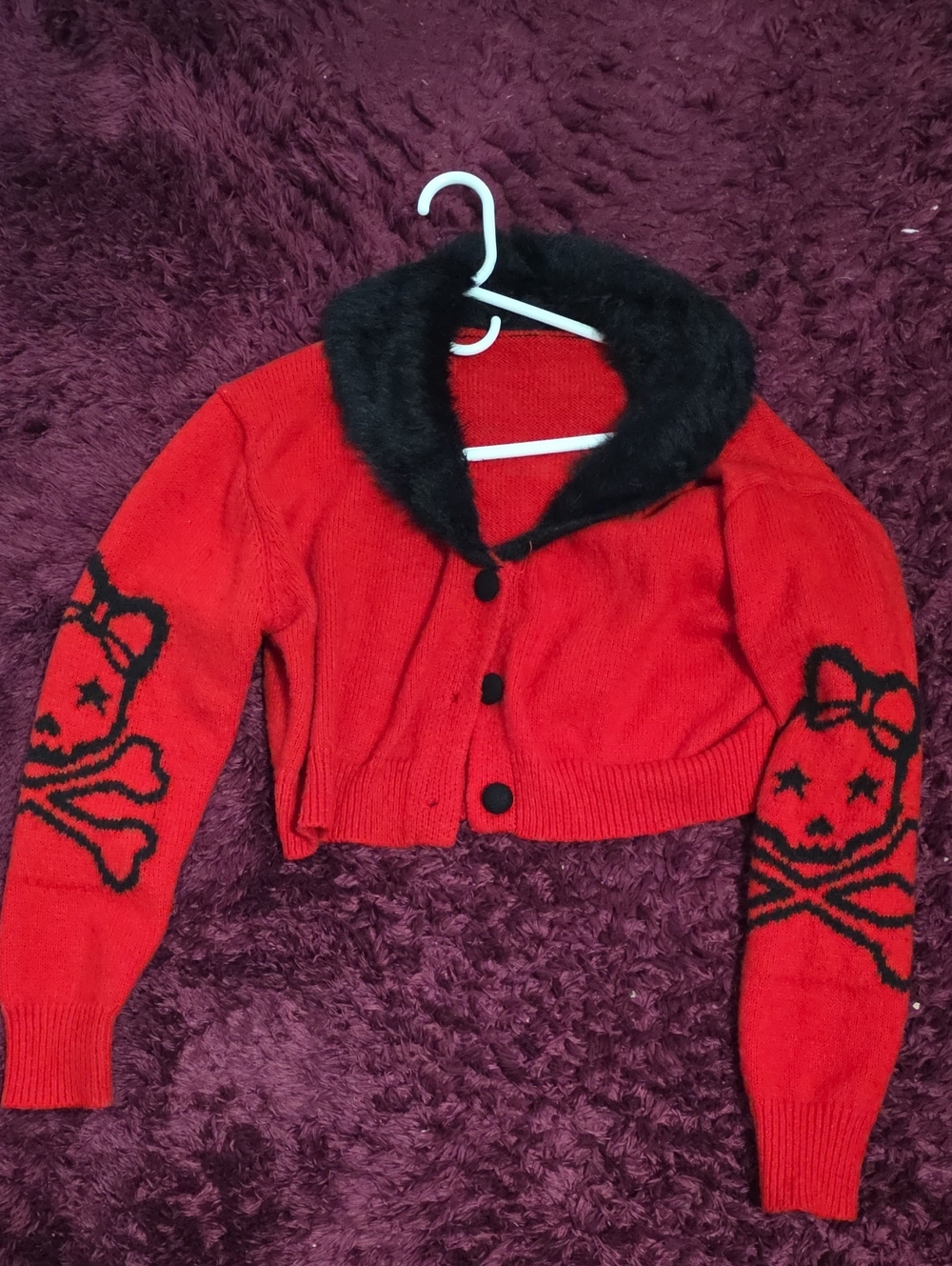 Red Cropped Cardigan Sweater with Black Fur Collar